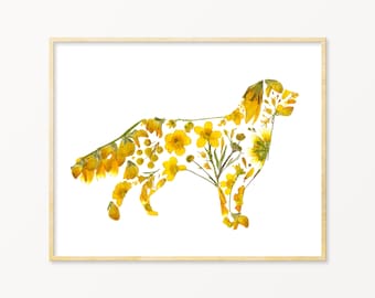 Pressed Flower Art Golden Retriever Print, Golden Retriever Gifts for Women, Life is Golden Art, Floral Dog Art Print