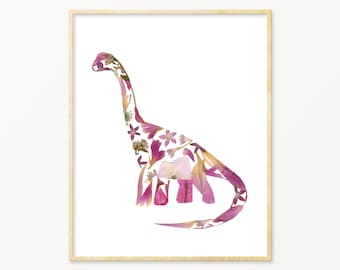Dinosaur Print | Pressed Flower Art | Dinosaur Wall Art | Pink Brontosaurus Print