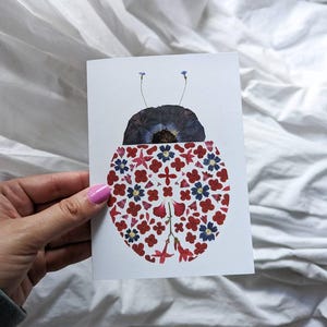 Ladybug Card, Ladybug Gifts, Pressed Flower Art Print Greeting Card, Ladybugs Gardening Gift