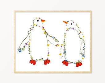 May include: Two penguins made of colorful flowers, with red flowers for their feet, are facing each other. The penguins are outlined with green stems and have yellow and blue flowers for their bodies.