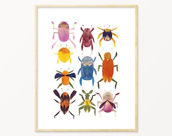 Beetle Print, Bug Wall Art, Insect Illustration, Scarab Print, Colorful Kids Wall Art, Pressed Flower Art Print, Beetles Print