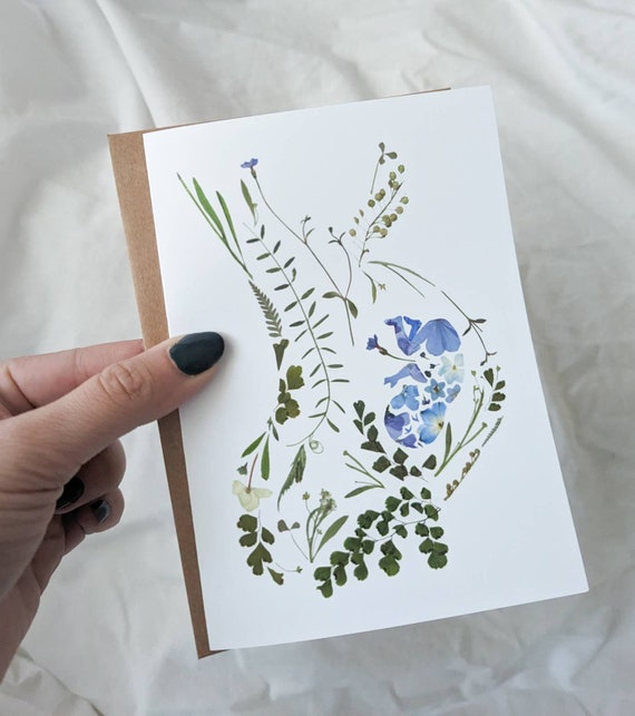 Pregnancy Announcement Card, Obgyn Midwife Doula Thank You Card, Pressed Flower Art Print Card, Card for Friend Who Gave Birth - Blue