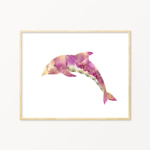 Pink Pressed Flower Dolphin Art Print, Dolphin Gift, Ocean Nursery Decor