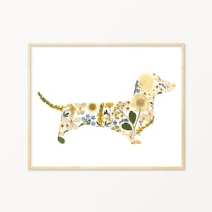Impresión de perro salchicha con flores prensadas, regalo de perro salchicha