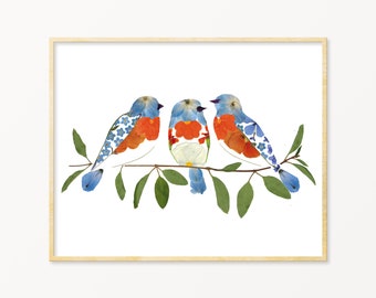 Blue Bird Pressed Flower Art Print, Eastern Bluebird Art, New Home Gift Ideas, Bird Gifts for Mom, New York Gifts, Missouri Gifts