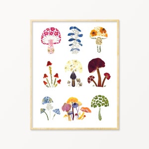 Pressed Flower Art Mushroom Print, Cottagecore Mushroom decor, Mushroom Wall Art, Mushroomcore