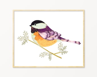 Chickadee Art, Chickadee Gift, Pressed Flower Art Print Black Capped Chickadee, Bird Prints, Christmas Birds, Maine Gifts, Massachusetts art