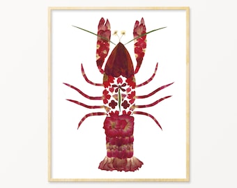 Pressed Flower Art Crawfish Print, Louisiana Gifts, Lobster Prints, Crustaceancore