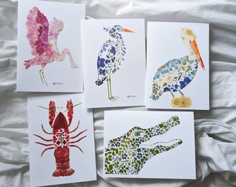 Southern Coast Blank Note Card Set, Heron Card, Spoonbill Art, Gator Gift, Pelican Art, Crawfish, Louisiana Theme Gift, Texas Gifts