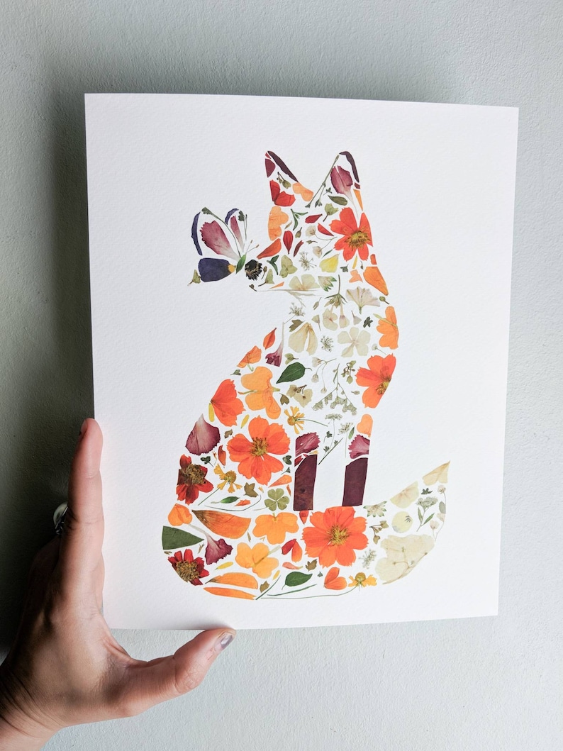 Red Fox Art Print, Fox Decor for Kids, Girl Fox Art, Fox Pressed Flower Art Print, Fox Wall Art Print, Floral Fox image 3