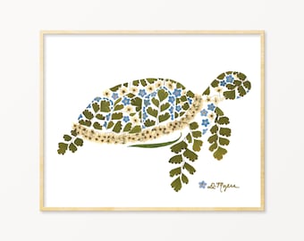 Pressed Flower Sea Turtle Art Print, Sea Turtle Gifts, Turtle Lover Gift, Coastal Nursery