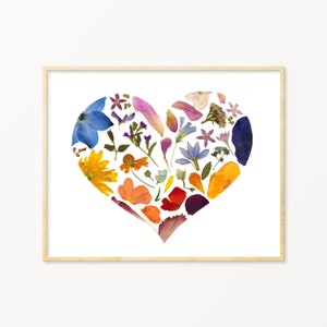 Rainbow Pressed Flower Heart Art Print, Floral Heart Print Wall Art