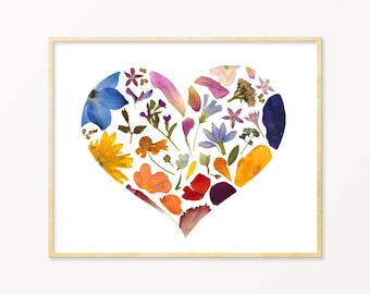 Rainbow Pressed Flower Heart Art Print, Floral Heart Print Wall Art
