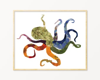 Rainbow Pressed Flower Octopus Art Print, Sea Creatures, Octopus Wall Art, Ocean Nursery