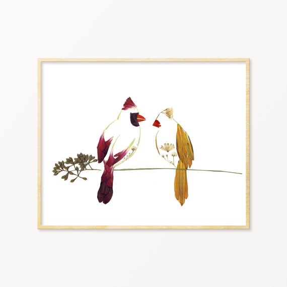 Pressed Flower Art Cardinal Pair Print, Red Birds Print, Cardinals Gifts