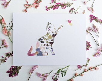 Carte de vœux d’impression d’art de fleur pressée, intérieur blanc, chat Kitty, kitties, propriétaire de chat, carte de dame de chat, cadeau pour l’amant de plante, cadeau pour le jardinier