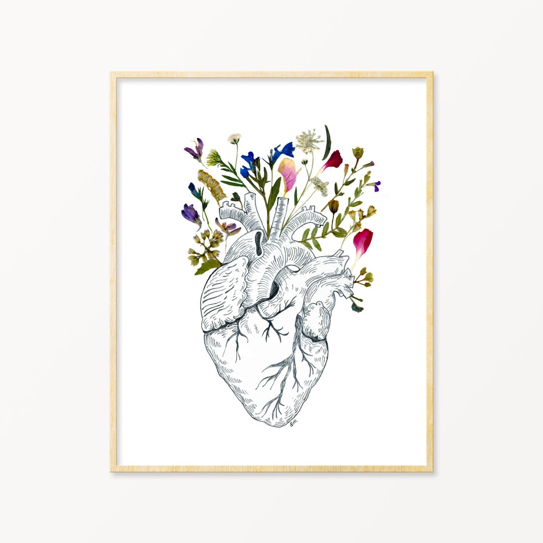 Anatomical Heart Print | Anatomy Art | Pressed Flower Art | Anatomical ...