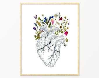 Anatomical Heart Print | Anatomy Art | Pressed Flower Art | Anatomical Heart Art | Medical Art | Cardiologist Gift | CHD |