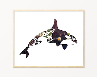 PRINT,Pressed flower art,flowers wall art,floral art print,botanical print,boho decor,gift for gardener,flower gift,orca,killer whale