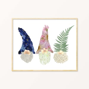 Gnomes Pressed flower art Print, Garden Gnomes, Gnome Gifts