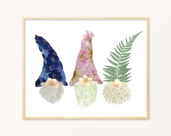 Gnomes Pressed flower art Print, Garden Gnomes, Gnome Gifts