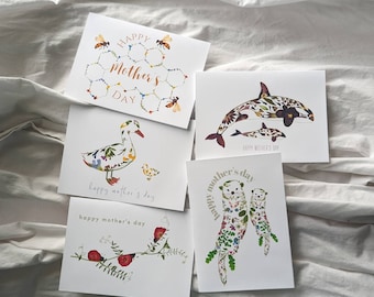 Mothers Day Card Set of 5, Otter Card, Bee Cards, Ladybug Card, Duck Card, Mothers Day Gifts, Pressed Flower Art Printed Greeting Cards