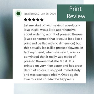 May include: Five star review of a print of pressed flowers. The review states that the print looks like real pressed flowers and that it was made of pressed flowers. The reviewer also mentions that the print is on nice paper and has great depth of color. The review concludes by saying that the reviewer is happy with the purchase.