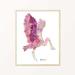 Pressed Flower Roseate Spoonbill Art Print, Pink Nursery Wall Art, Pink Botanical Prints