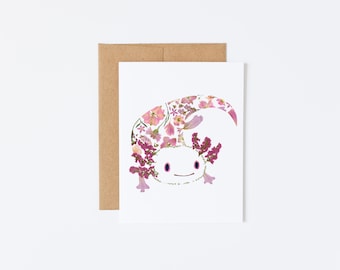 Axolotl Card, Axolotls , Pressed Flower Art Print Greeting Cards