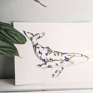 Pressed Flower Humpback Whale Art Print, Blue Whale Gifts, Whale Theme Nursery image 2