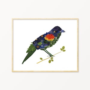 Pressed Flower Red-Winged Blackbird Art Print, Ornithology Gifts, Black Bird Art, Bird Nerd