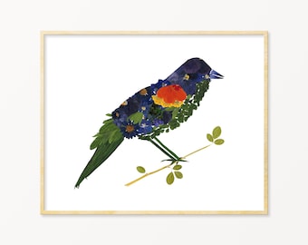 Pressed Flower Red-Winged Blackbird Art Print, Ornithology Gifts, Black Bird Art, Bird Nerd