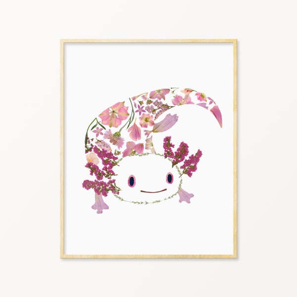Axolotl Print | Pressed Flower Art | Axolotl Art | Axolotls | 8" by 10" Print