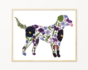 Black Lab Pressed Flower Art Print, Black Labrador Retriever Gifts Decor