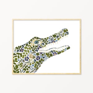 Pressed Flower Alligator Art Print, Alligator Wall Art, Alligator Decor, Crocodile Art