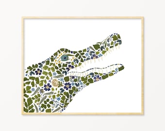 Pressed Flower Alligator Art Print, Alligator Wall Art, Alligator Decor, Crocodile Art