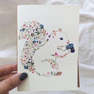 Squirrel Card, Cute Animal Cards, Pressed Flower Art Print Card