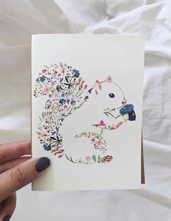 Squirrel Card, Cute Animal Cards, Pressed Flower Art Print Card