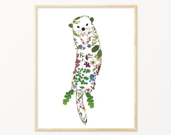 Otter Print | Sea Otter Gifts | Otters | Pressed Flower Art Print