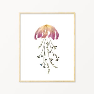 Pressed Flower Art Jellyfish Print | Jellyfish Poster | Jellyfish Art | Coastal Wall Art | Blush Pink Bathroom Decor |