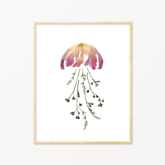 Pressed Flower Art Jellyfish Print | Jellyfish Poster | Jellyfish Art | Coastal Wall Art | Blush Pink Bathroom Decor |