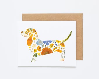 Basset Hound Dog Greeting Card, Pressed Flower Art Print Card