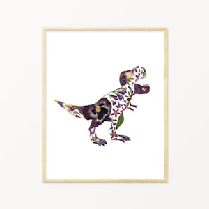 May include: A framed print of a Tyrannosaurus Rex dinosaur silhouette made from pressed flowers. The dinosaur is made from purple, white, and yellow flowers.