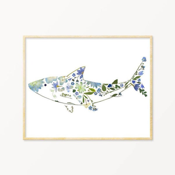 Giclée PRINT - Pressed Flower shark print, shark, nautical theme nursery decor, sea creatures, 8 by 10 in, Pressed Flowers Art Print