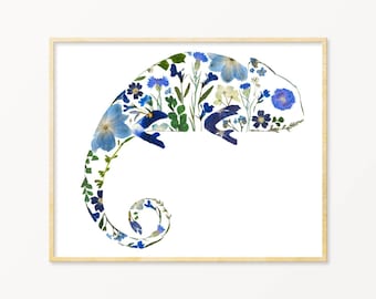 Chameleon Art | Reptile Art | Chameleon Pressed Flower Print | Pressed Flower Art Print