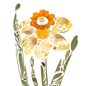 May include: A yellow and orange flower made from pressed flowers and leaves. The flower is a daffodil with a large, orange center and a white trumpet. The flower is surrounded by green leaves.