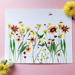 Bee and Wildflower Art Print | Save the Bees | Bee Themed Gift | Queen Bee Art | Honey Bee Decor | Bumblebee Wall Art | Pressed Flower Art |