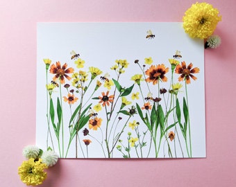Bee and Wildflower Art Print | Save the Bees | Bee Themed Gift | Queen Bee Art | Honey Bee Decor | Bumblebee Wall Art | Pressed Flower Art |