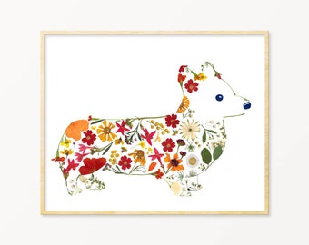 Pressed Flower Corgi Art Print, Corgi Gifts, Pembroke Welsh Corgi, New Dog Owner GIft