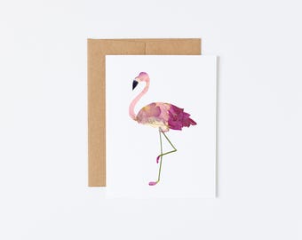 Flamingo Card, Bird Cards, Pressed Flower Art Print Card